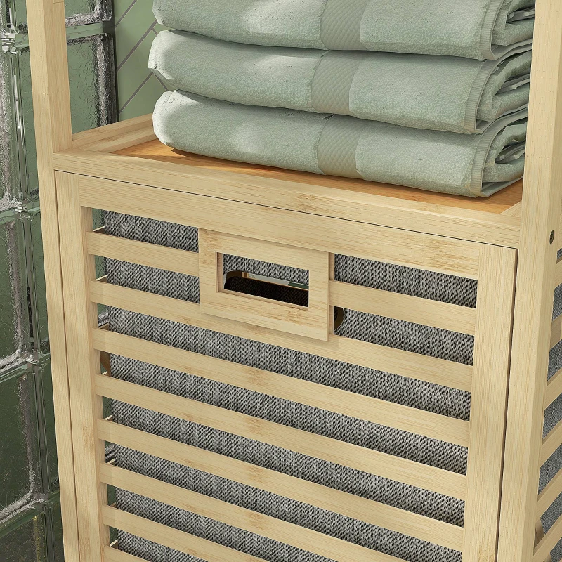 HOMCOM Colonna Bagno con 3 Ripiani in Legno di Bambù e Cesto Portabiancheria in Tessuto, 44x33x160cm