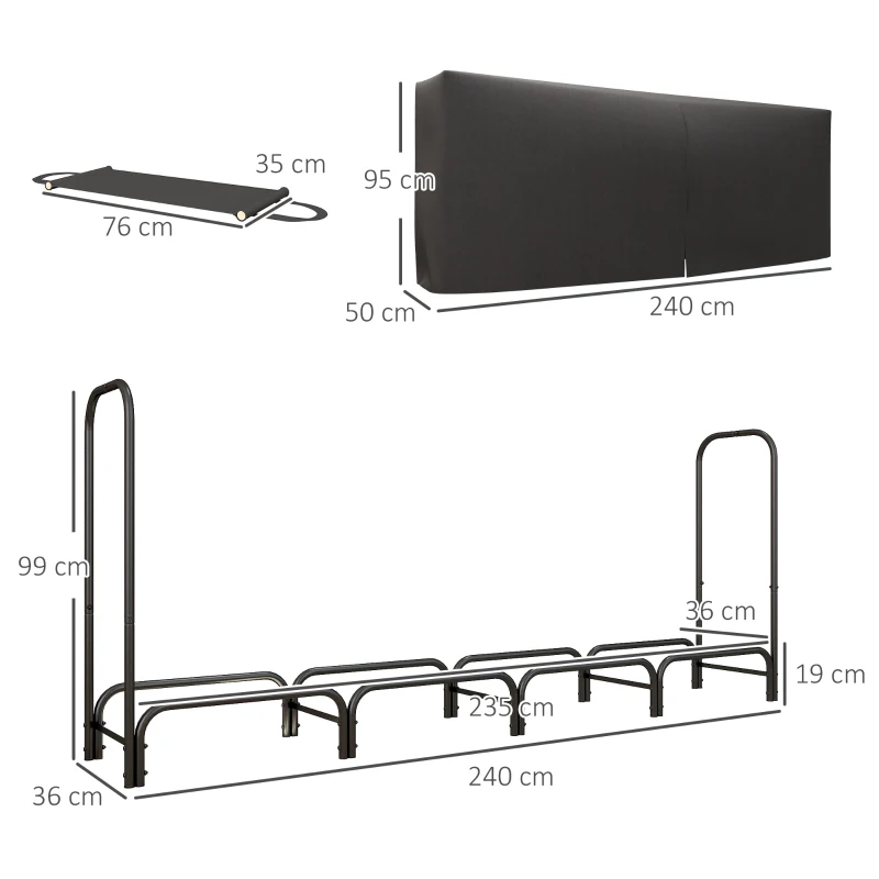 Outsunny Portalegna da Interno ed Esterno in Metallo con Telo Porta Legna e Copertura, 240x36x99cm, Nero