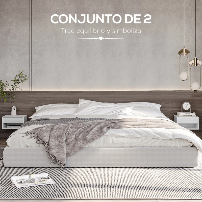 HOMCOM Juego de 2 Mesitas de Noche Colgantes Mesillas de Noche con Cajón para Dormitorio 37x32x21 cm Blanco