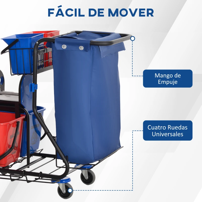 HOMCOM Carro de Limpieza con Bolsa Doble Cubo de 18 Litros Escurridor 2 Cubetas Auxiliares 93x80x97 cm Rojo y Azul