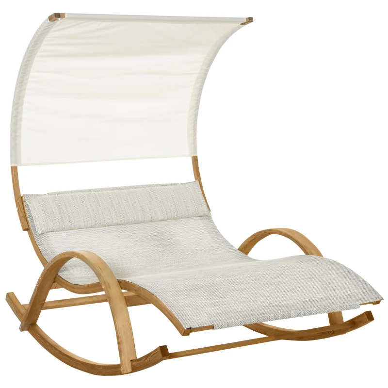 Outsunny Bain de Soleil transat de jardin chaise longue en bois Design à Bascule 2 pers. tétière & Pare-Soleil Inclus Bois pin pré-huilé textilène dim. 190L x 135l x 185H cm crème chiné