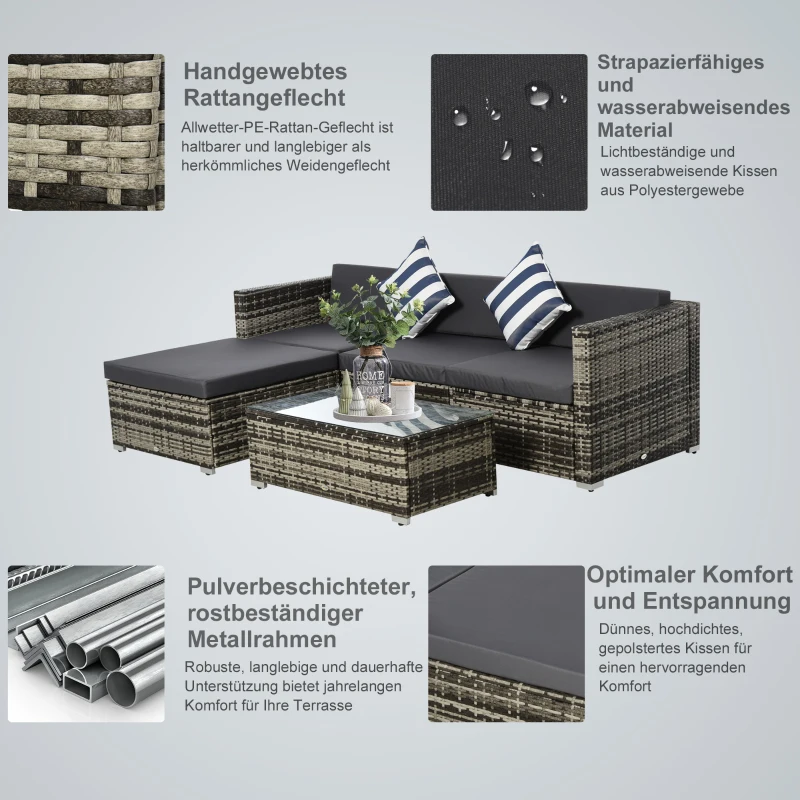 Outsunny Gartenmöbel-Set aus PE-Rattan, Rattan-Lounge-Set, inkl. Kissen  u. Polstern,  Grau