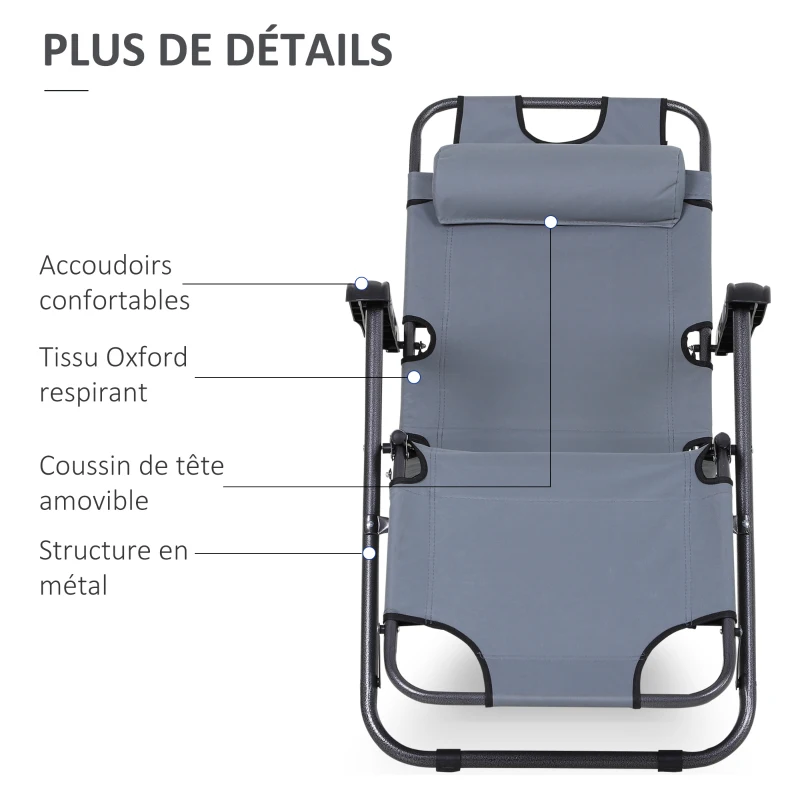 Outsunny Lot de 2 Chaises Longue inclinable transat Bain de Soleil fauteuil relax jardin 2 en 1 Pliant têtière Amovible