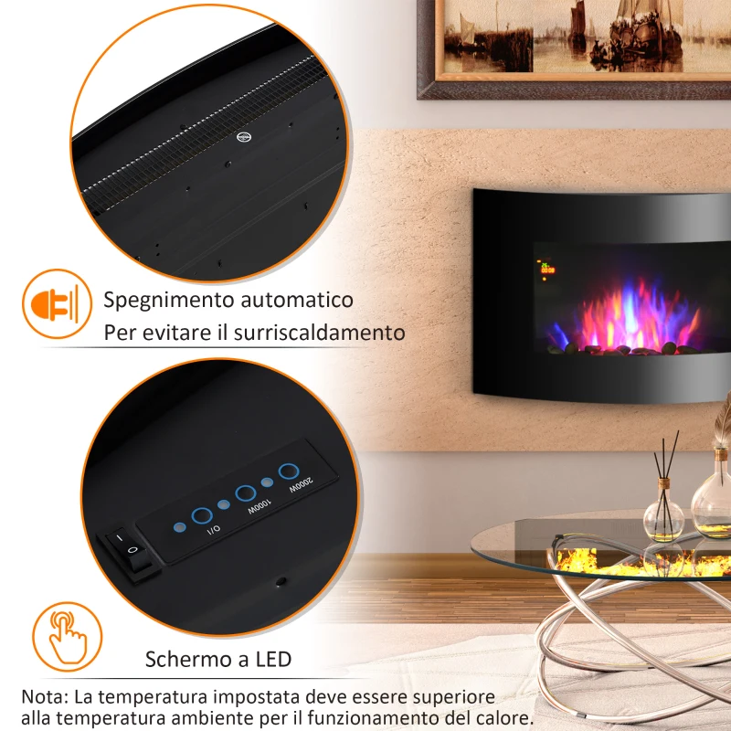 HOMCOM Caminetto Elettrico da Parete con Effetto Fiamma Colorato con Telecomando, in Acciaio Inox e Vetro 65x11.4x52 cm, Nero