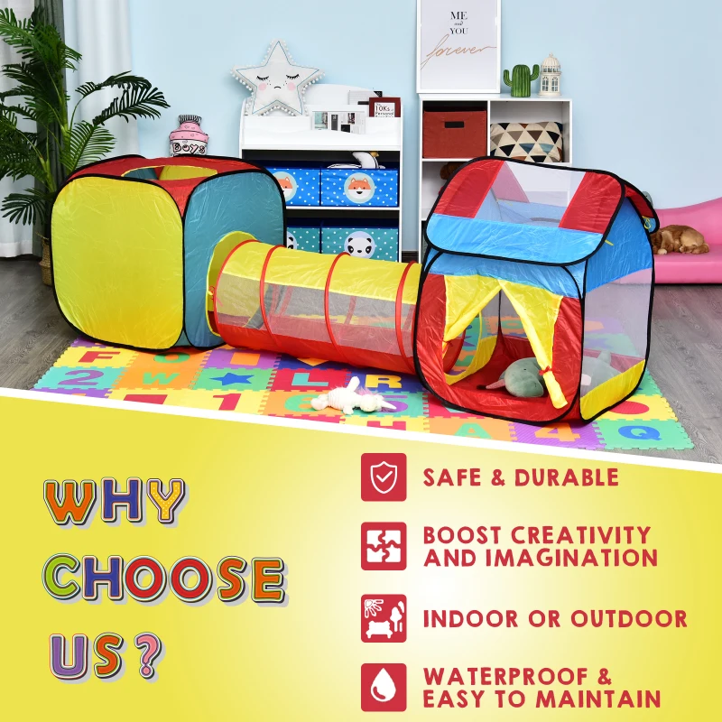 HOMCOM Tenda Gioco per Bambini 3+ con Tunnel e Casetta, per Indoor e Outdoor (230x70x89cm), Sistema Pop-up