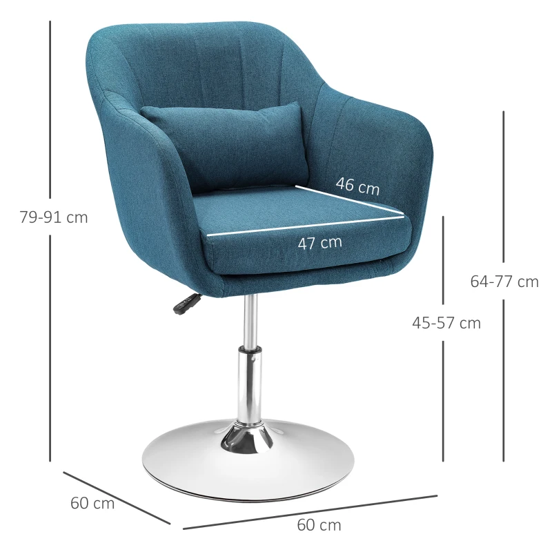 HOMCOM Fauteuil de salon chaise relax fauteuil de chambre grand confort - coussins lombaires hauteur réglable pivotant 360° piètement en métal chromé - bleu canard
