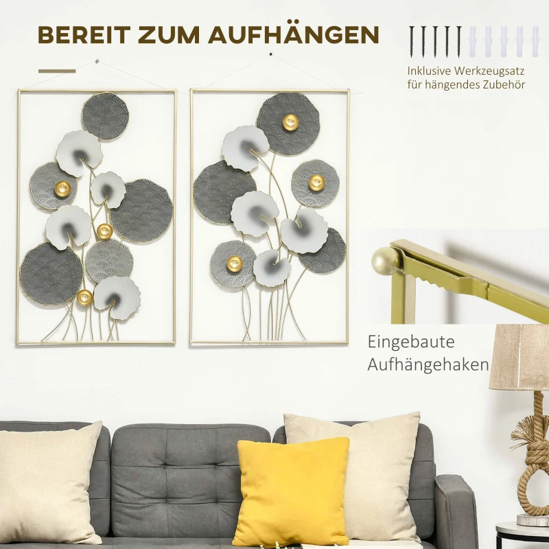 HOMCOM Wandbilder aus Metall 2-er Set 3D-Design Metall Hellgrau + Dunkelgrau