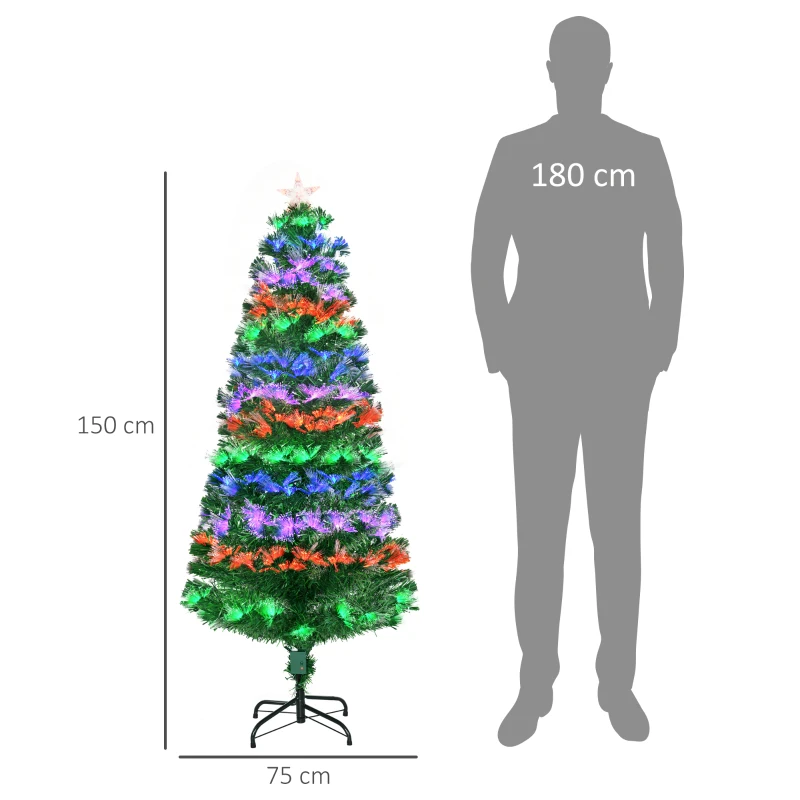 HOMCOM Sapin de Noël artificiel 150 cm en fibre optique couleurs 140 LED support pliable