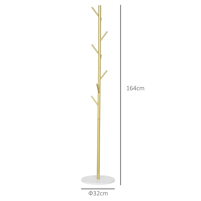 HOMCOM Appendiabiti da Terra Autoportante con 8 Ganci, Base in Marmo e Acciaio, Ø32x164cm, Oro