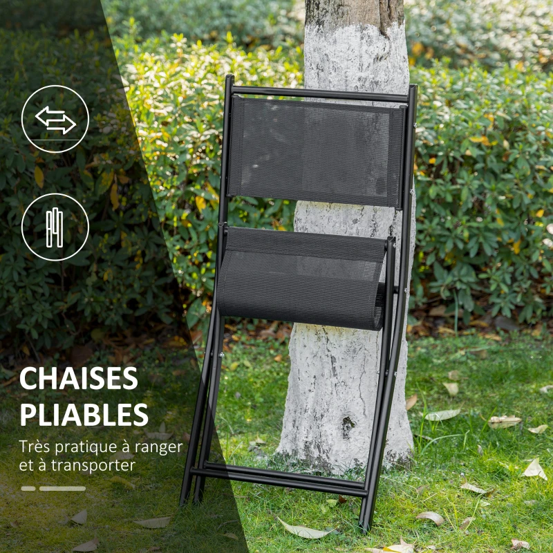 Outsunny Ensemble bistro de jardin 3 pièces 2 chaises pliables + table basse ronde verre trempé métal époxy toile en maille haute densité