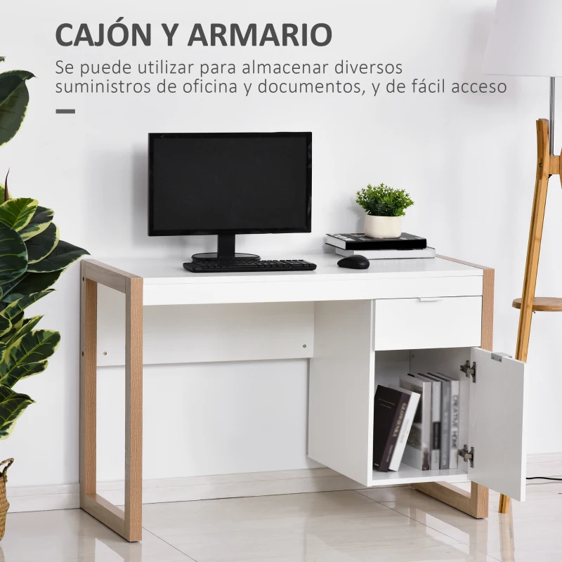 HOMCOM Mesa de Escritorio Espaciosa con Cajón Armario Patas en Forma de Marco de Estilo Moderno 112,5x50x75,5 cm Blanco(m-5)