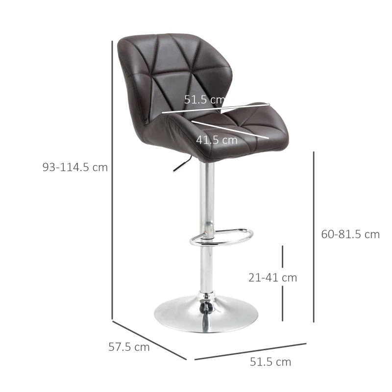 HOMCOM Set 2 Sgabelli da Bar con Altezza Regolabile, Base in Metallo e Seduta in Pelle PU, Sgabelli da Cucina con Schienale e Poggiapiedi, 51.5x57.5x93-114.5cm, Marrone e Argento