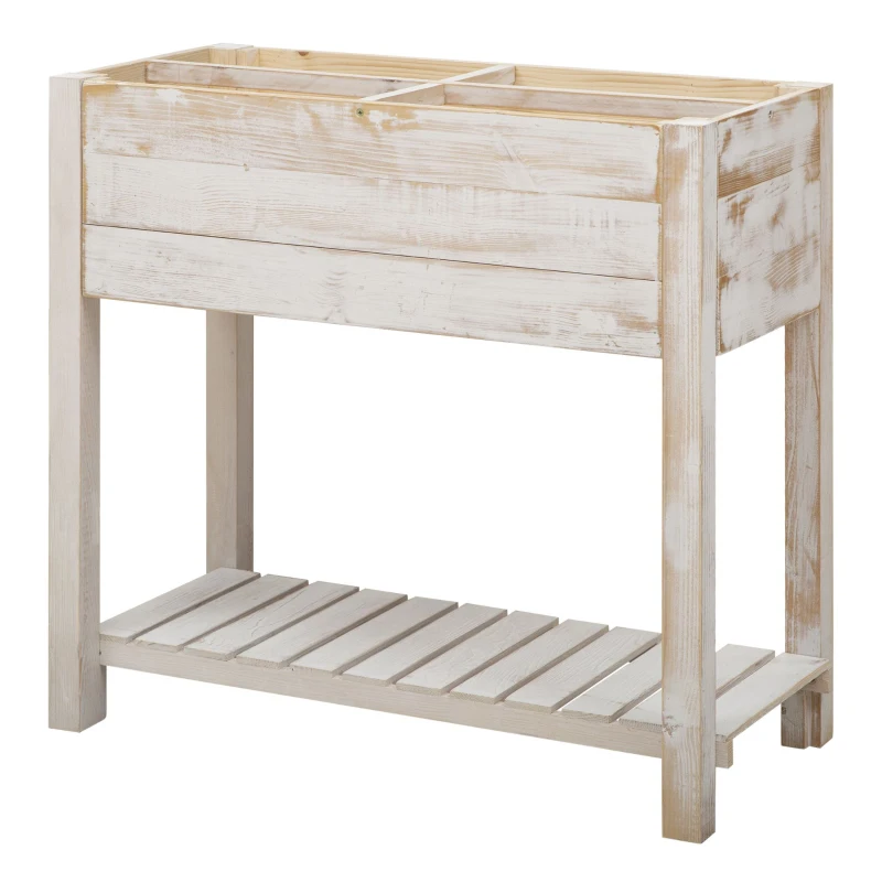 Outsunny Jardinière sur Pieds carré Potager avec étagère dim. 80L x 40l x 78H cm 4 Compartiments Bois Sapin Blanc Effet Vieilli