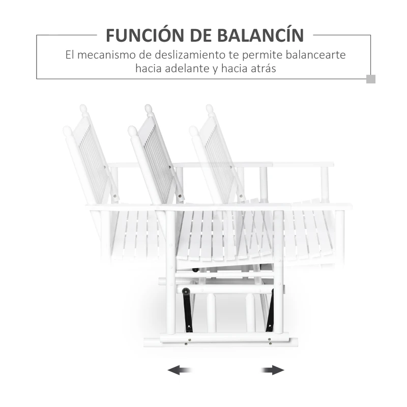 Outsunny Banco Balancín de Madera con Reposabrazos y Respaldo de Listones para Jardín Terraza Carga 250 kg 125x68,5x102 cm Blanco