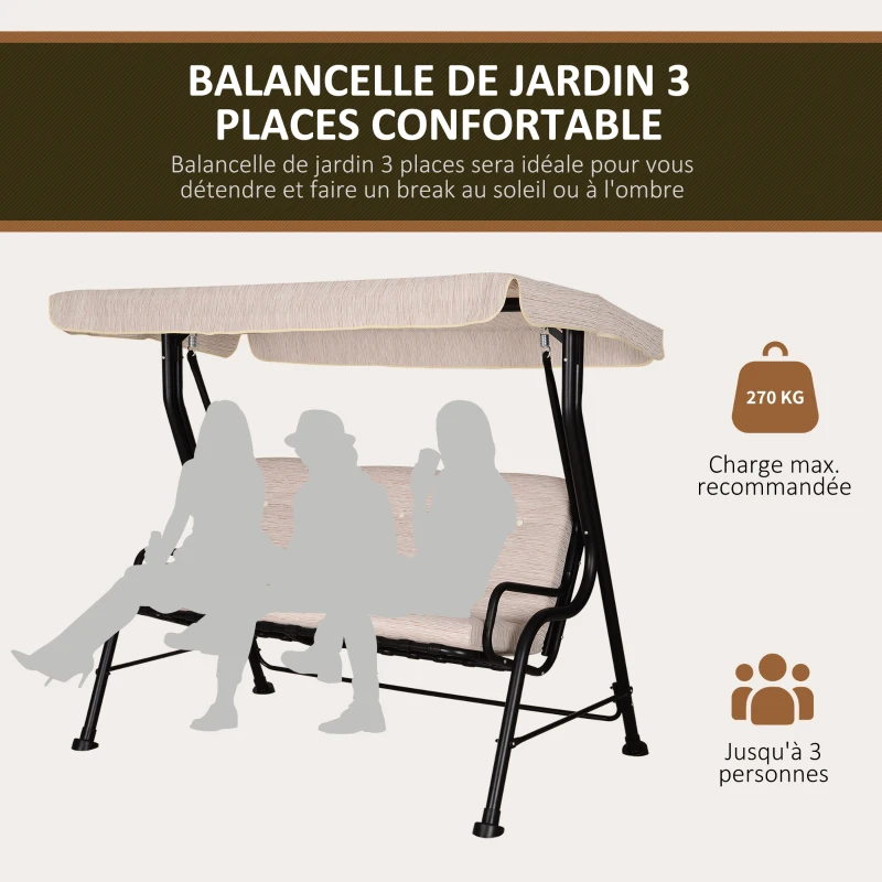 Outsunny Balancelle de Jardin 3 Places Grand Confort Toit Inclinaison réglable épais Coussins Amovibles Polyester Acier époxy Beige