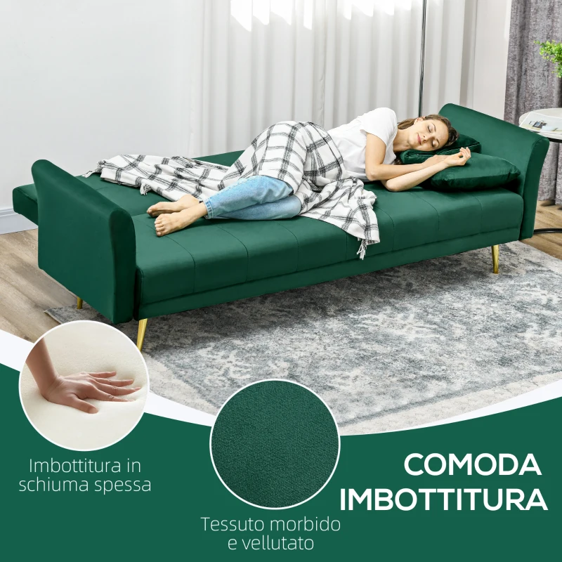 HOMCOM Divano Letto Clic Clac con Schienale Regolabile e 2 Cuscini, in Tessuto Effetto Velluto, 215x83x87 cm, Verde