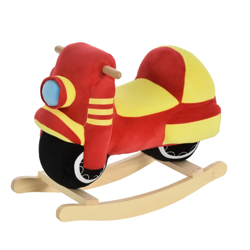 HOMCOM Kinder Schaukelpferd Baby Schaukeltier Motorrad mit Motorrad Sound, Schaukel Schaukelspielzeug Haltegriffe für 18-36 Monate Plüsch Rot+Gelb 60x25.5x48 cm