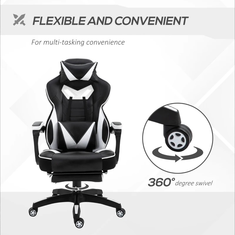 Vinsetto Computer Gaming Chair, Racing Desk Chair with Lumbar Support and Footrest, PU Leather Gamer Chair with Headrest and Swivel Wheels for Home, White