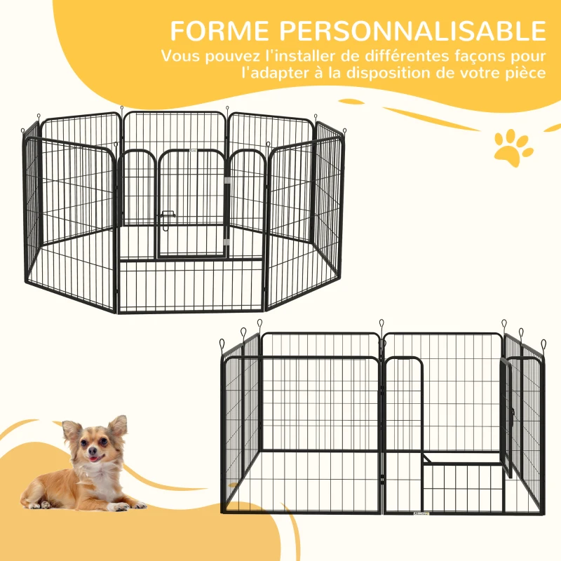 PawHut Luxe parc enclos modulable acier époxy porte verrouillable pour chiens, lapins, rongeurs, petits animaux, intérieur et extérieur 80 x 80 cm noir