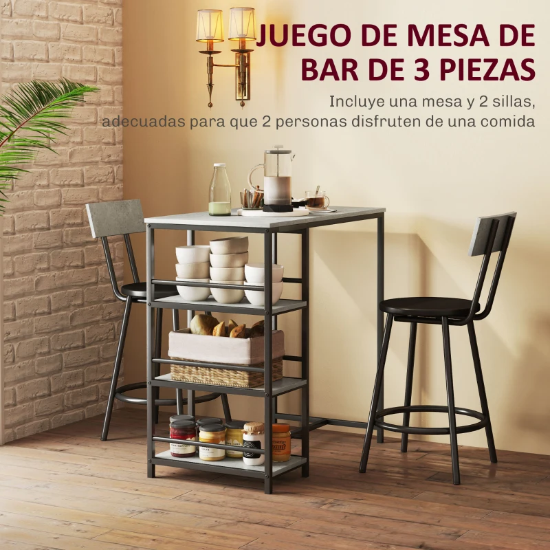 HOMCOM Conjunto de Mesa de Bar con 2 Taburetes Estantes Laterales Asiento Acolchado y Barra para Descanso de Pies Gris Oscuro