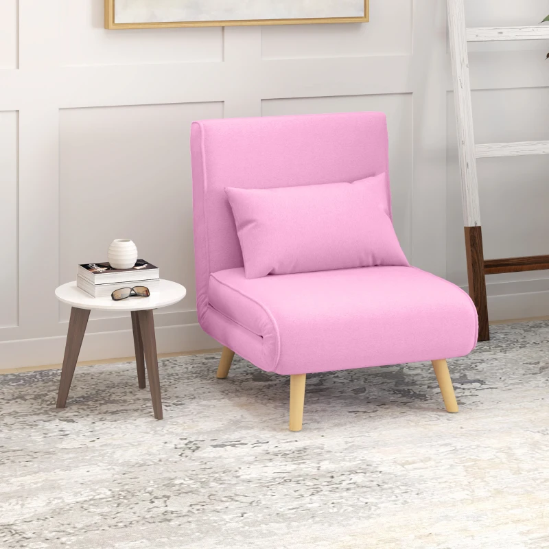 HOMCOM Sofá Cama Individual Tapizado en Lino con Respaldo Ajustable en 5 Posiciones y Almohada 72x75x85 cm Rosa(m-9)