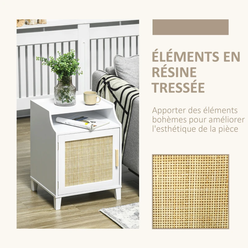 HOMCOM Table de chevet table de nuit avec placard porte rotin tissé + niche design bohème 45 x 40 x 61 cm naturel blanc