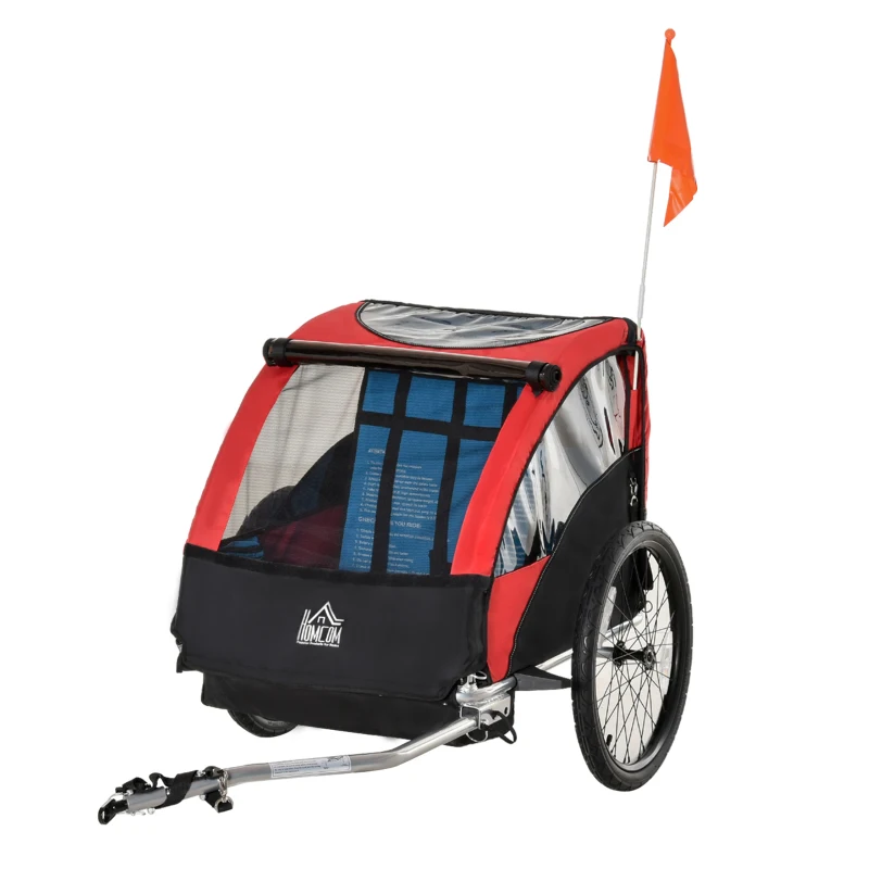 HOMCOM Child Bike Trailer Foldable 2-Seat Baby Transport Carrier with Storage Bag Five-point Safety Harness Hitch Coupler Red