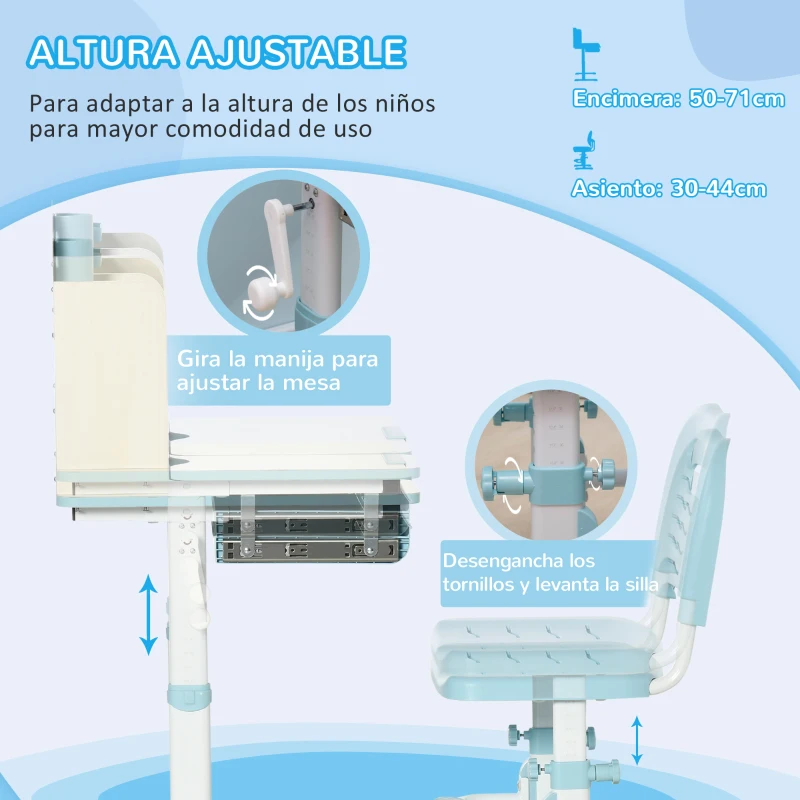 HOMCOM Escritorio y Silla para +3 Años con Altura Ajustable y Mesa Inclinable 80x52x88-109 cm y 35,5x44,5x66-80 cm Azul