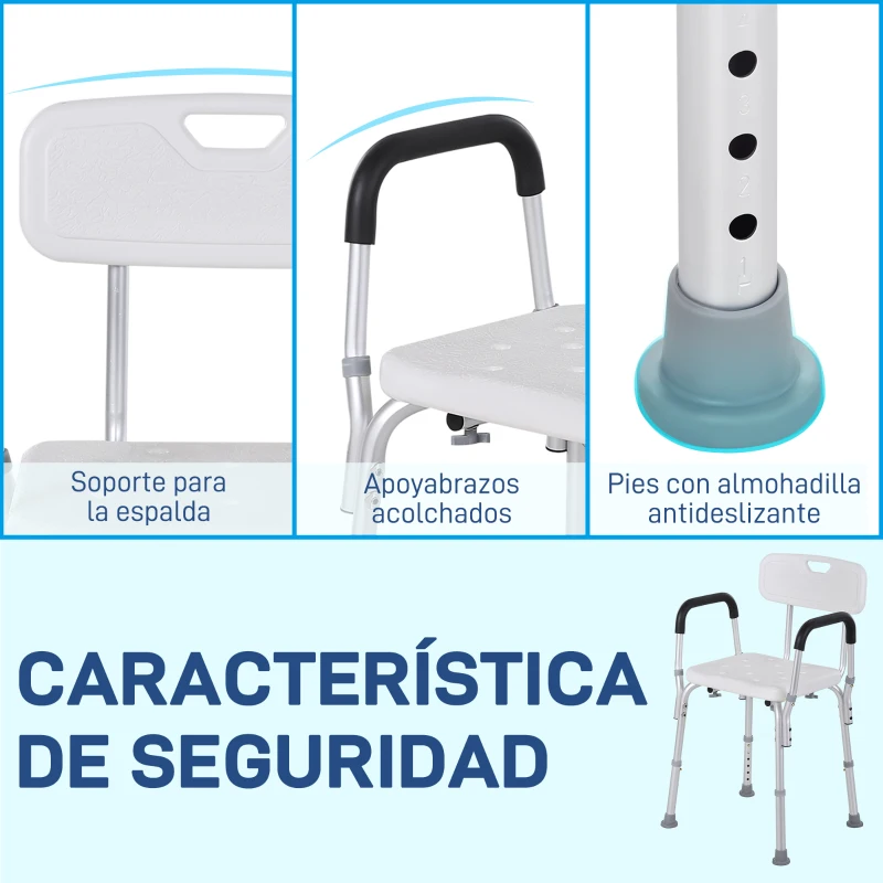 HOMCOM Silla para Ducha Taburete de Ducha Antideslizante con Altura Ajustable y Reposabrazos Regulable Carga 136 kg