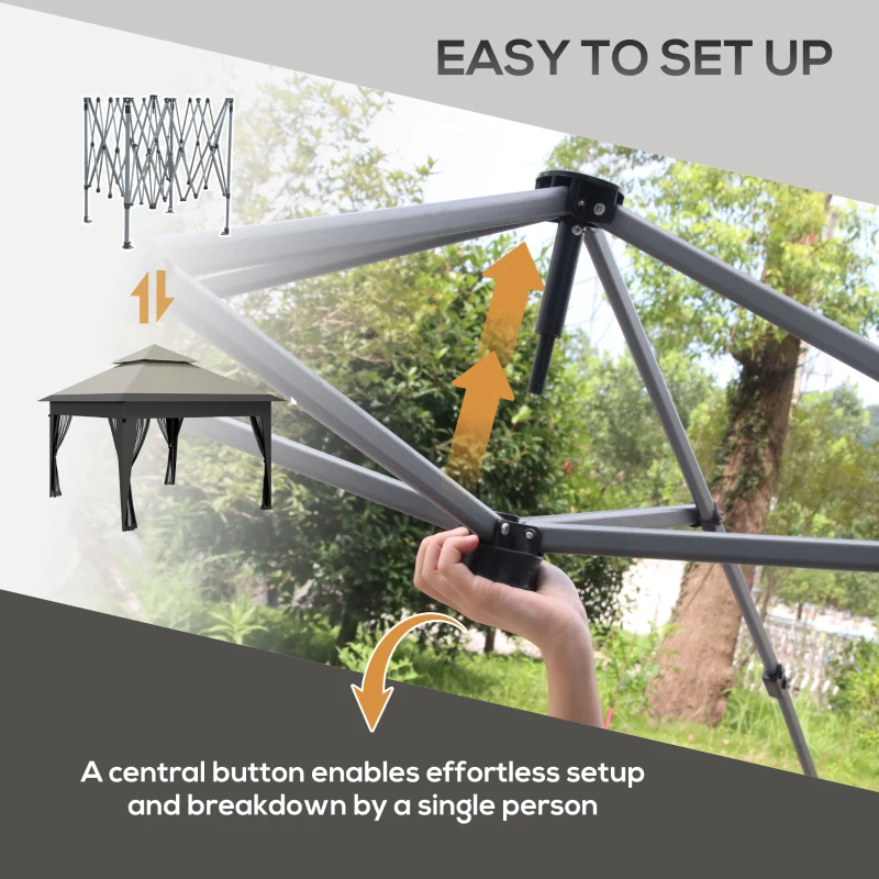 Outsunny 3 x 3(m) Pop Up Gazebo with Mosquito Netting, 1 Person Easy up Marquee Party Tent with 1-Button Push, Double Roof, Carry Bag, Sandbags, Height Adjustable Instant Shelter, Grey