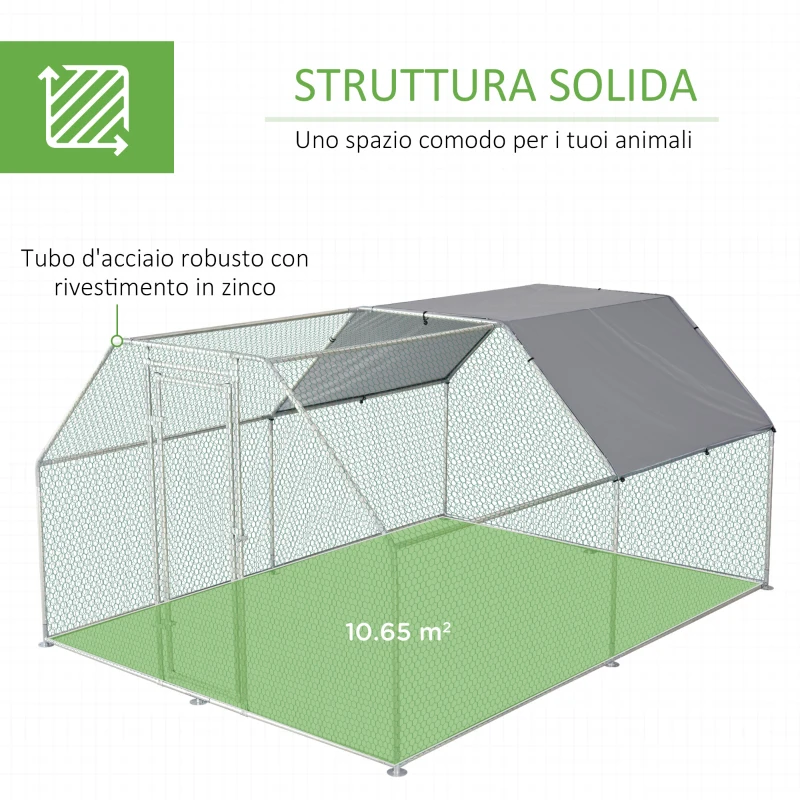 Pawhut Recinto Gabbia per Galline da Esterno in Metallo Galvanizzato, Pollaio per Galline Ovaiole da Esterno, Porta con Blocco e Sezione con Tessuto Oxford, 280x380x195 cm, Argento