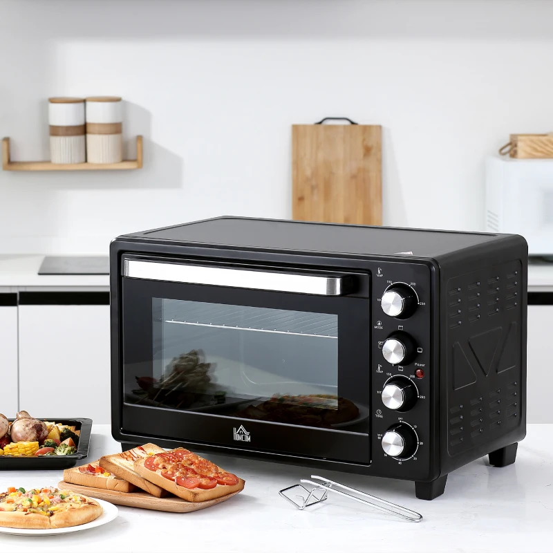 HOMCOM Mini four 1600 W 32 L - thermostat 230°C max - minuteur 60 min - 3 modes de cuisson - 4 accessoires inclus - acier inox. métal verre trempé noir