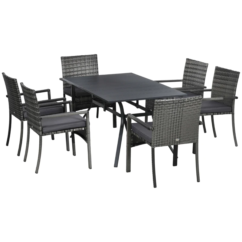 Outsunny Juego de Muebles de Jardín para Exterior de Ratán de 7 Piezas Incluye 6 Sillas con Cojines y Mesa de Metal Gris