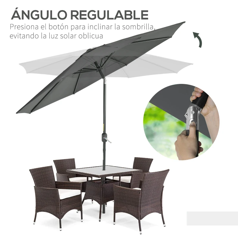Outsunny Parasol de Jardín de Aluminio  Ø264x253 cm con Ángulo Ajustable Protección UV 50+ Manivela Gris