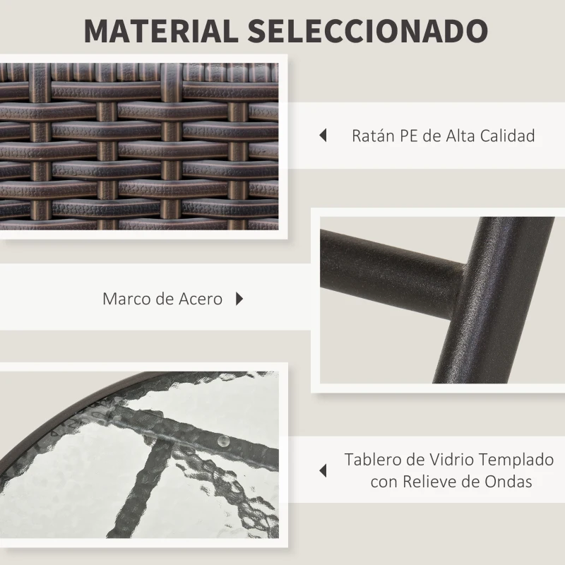 Outsunny Conjunto de Muebles de Jardín con Sillas Plegables y Mesa de Vidrio para Terraza Patio Marrón