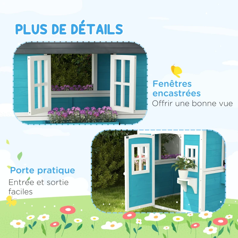 Outsunny Cabane enfant extérieur maison enfant extérieure avec porte fenêtres et jardinières 114 x 126,4 x 135 cm bleu