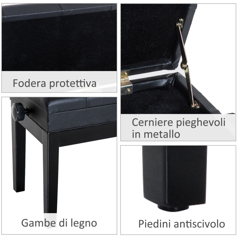 HOMCOM Sgabello per Pianoforte Trapuntato con Vano Contenitore, in Legno e Pelle PU, 54.5x33x48-58 cm, Nero