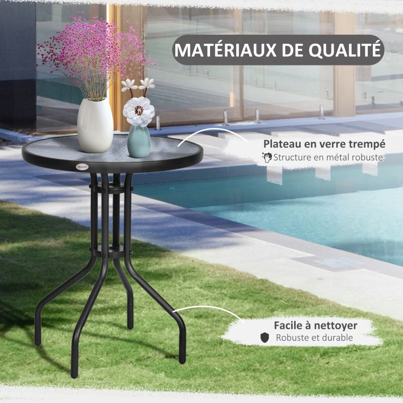 Outsunny Table Ronde Bistro de Jardin dim. Ø 60 x 70H cm métal époxy anticorrosion Noir Plateau Verre trempé