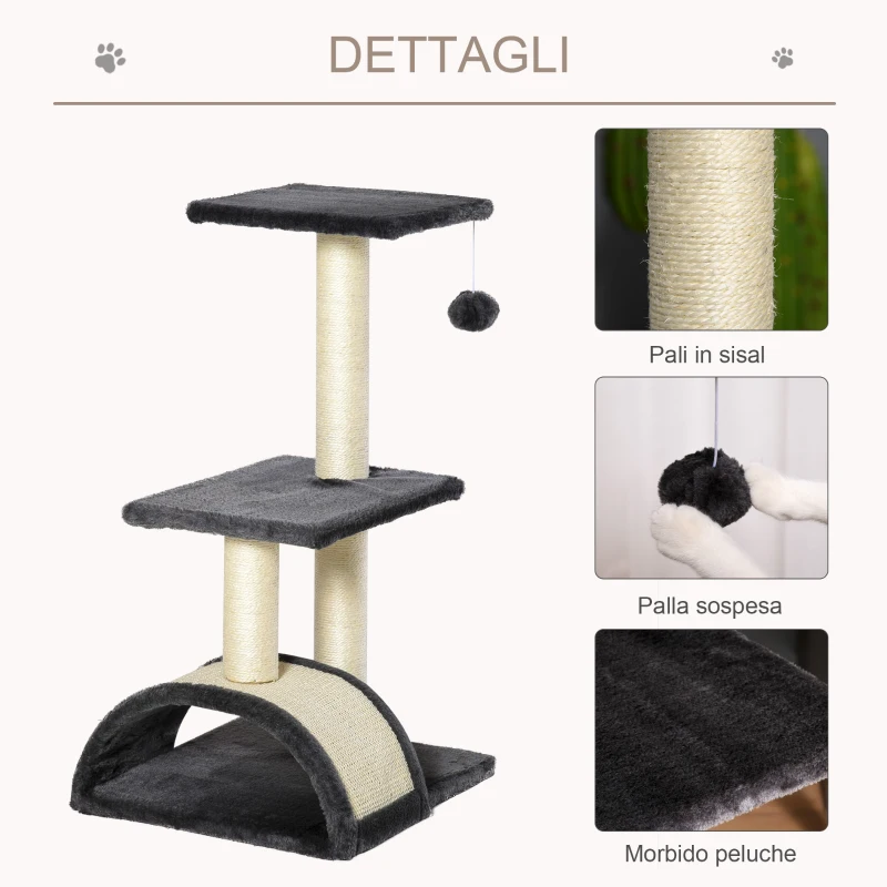 PawHut Albero per Gatti a 3 Livelli con Tappetino Tiragraffi ad Arco, in Legno, Peluche e Sisal, 40x35x72 cm, Grigio