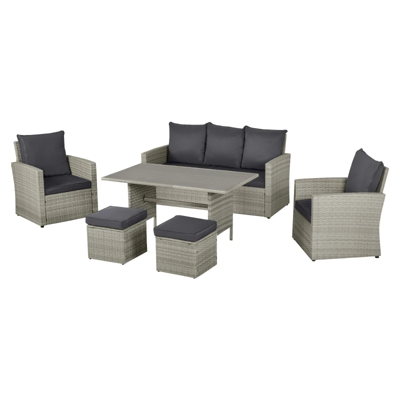 Outsunny Poly Rattan Sitzgruppe 6 tlg. Garten Essgruppe Sofa-Set Sofa Lounge Hocker Hof Balkon Pool PE Rattan Grau