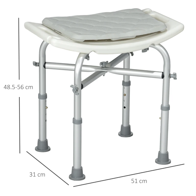 HOMCOM Sgabello da Doccia in Alluminio con Altezza Regolabile, Cuscino e Piedini Antiscivolo, Bianco