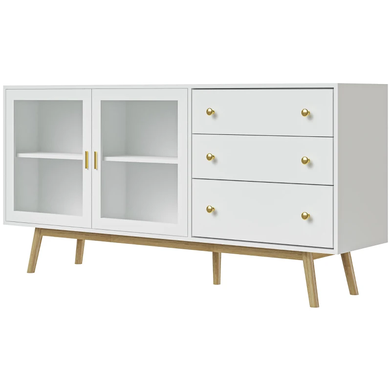 HOMCOM Aparador de Comedor con 2 Puertas de Cristal 3 Cajones y Patas de Madera de Caucho para Cocina Salón 160x40x80 cm Blanco