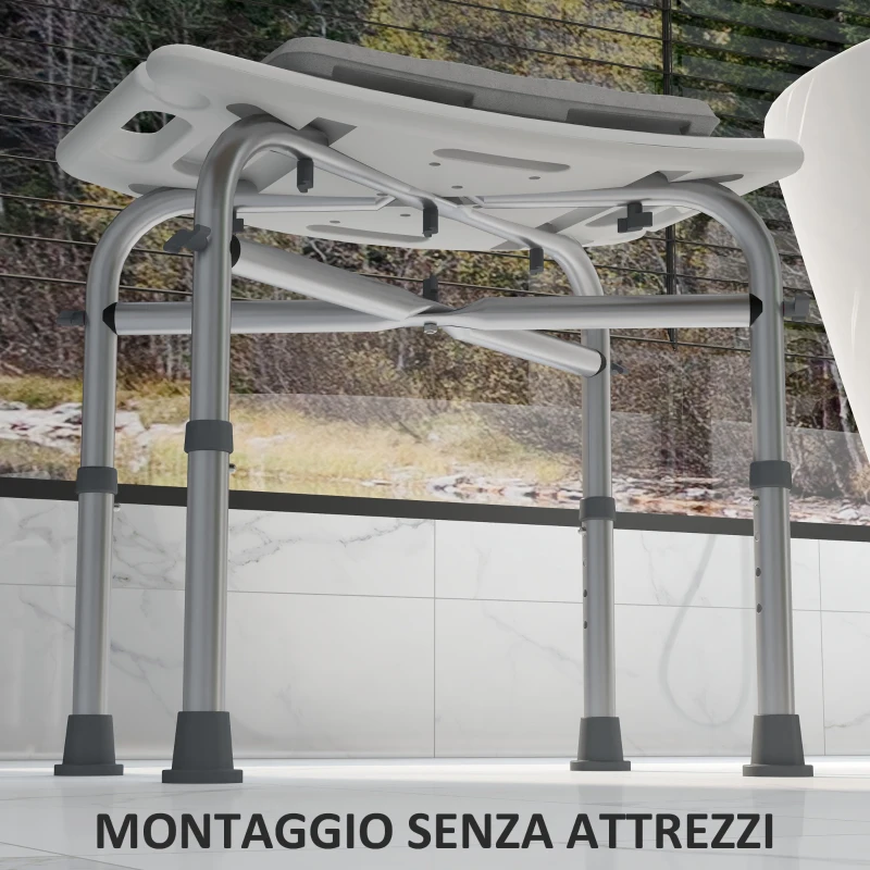HOMCOM Sgabello da Doccia in Alluminio con Altezza Regolabile, Cuscino e Piedini Antiscivolo, Bianco
