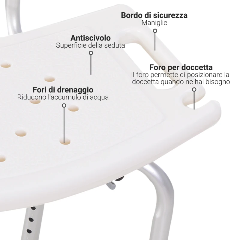 HOMCOM Sedile da doccia con schienale Ausilio da vasca, Sedia Doccia Altezza Regolabile 8 Posizioni Antiscivolo