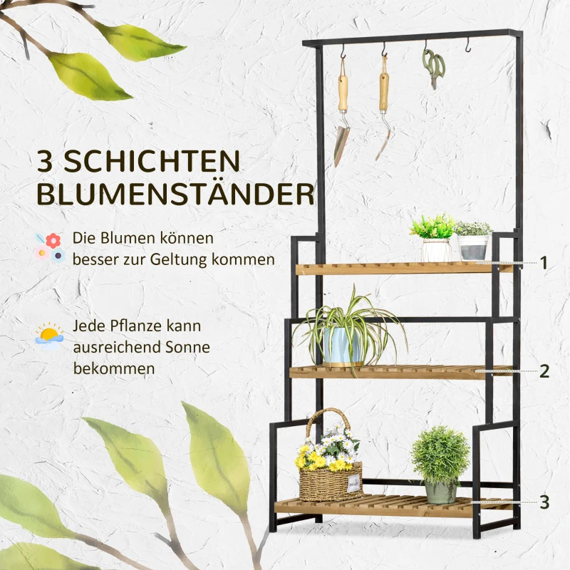 Outsunny Pflanzenregal mit 3 Ebenen und Befestigungshaken, Blumentreppe aus Naturholz, 80 cm x 36 cm x 174 cm, Natur