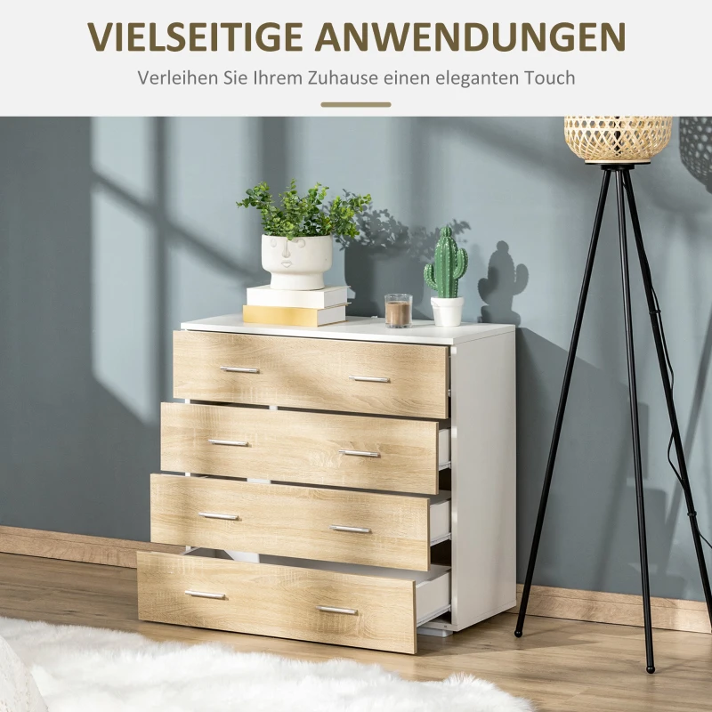 HOMCOM Kommode mit 4 Schubladen Badezimmerschrank Schubladenschrank für Schlafzimmer Wohnzimmer Eiche Weiß 76x35x72 cm