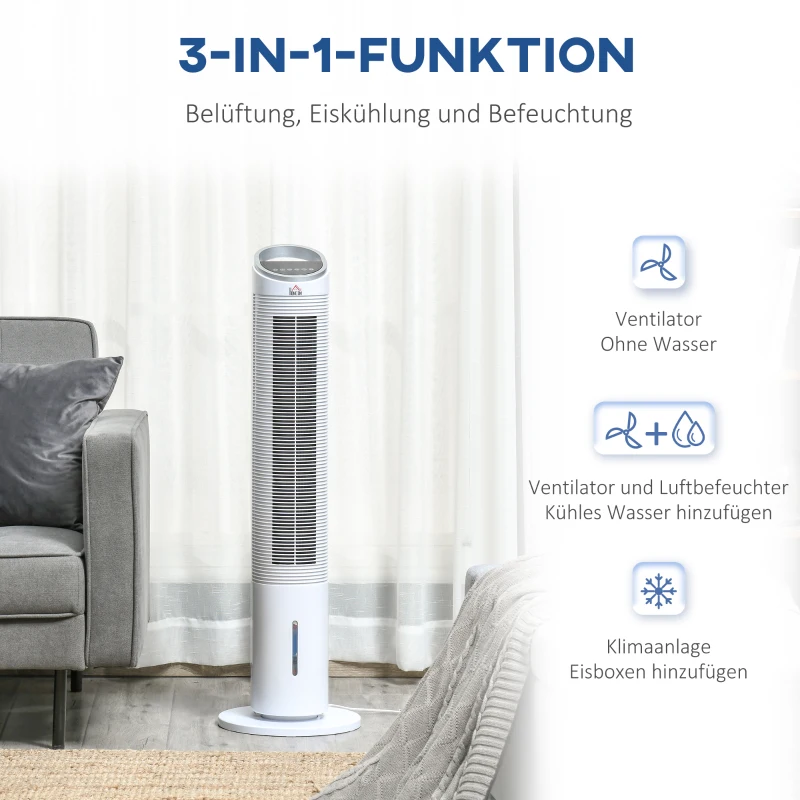 HOMCOM Turmventilator mit Wasserkühlung und Fernbedienung 60W 20㎡ 30 cm x 30 cm x 100,8 cm 3 Modi Weiß