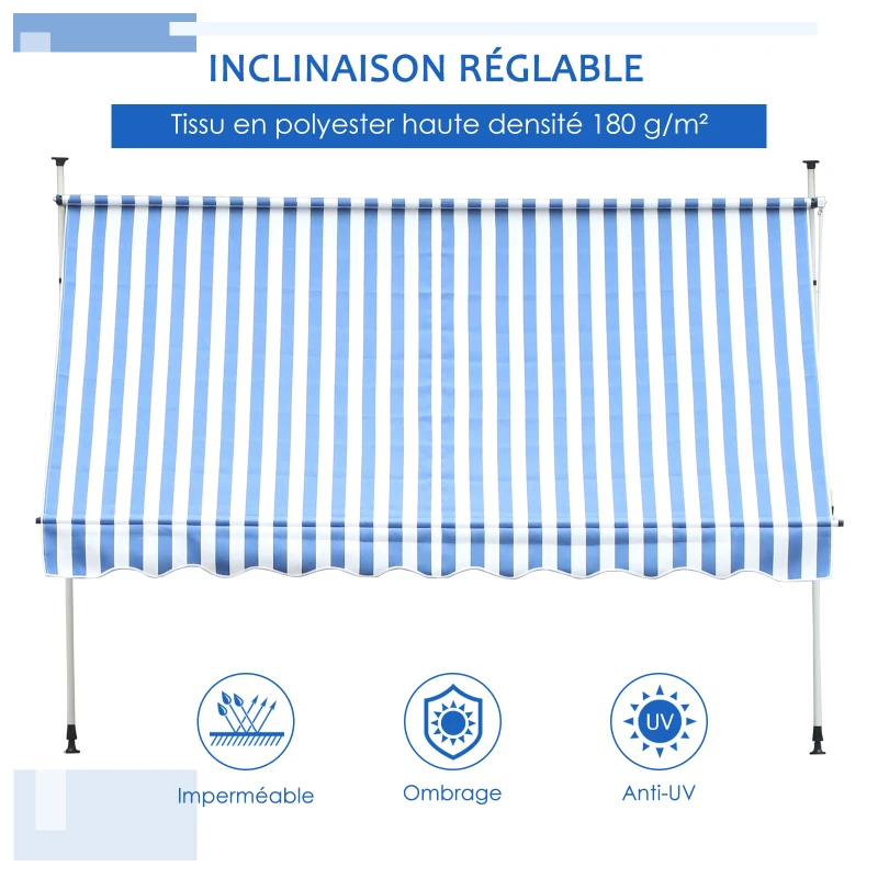 Outsunny Store banne Manuel rétractable 2,5L x 1,5l x 2-3H m Inclinaison réglable Installation Rapide métal alu Polyester Bleu Blanc rayé