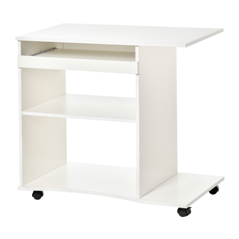 HOMCOM Computertisch mit Rollen Regal mobiler Schreibtisch Bürotisch PC Tisch moderner einfacher Stil Spanplatte Weiß 80 x 50 x 75 cm