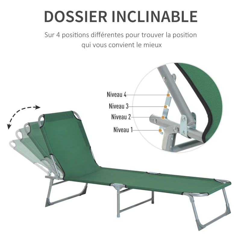Outsunny Bain de soleil transat pliable dossier réglable multipositions métal et polyester vert